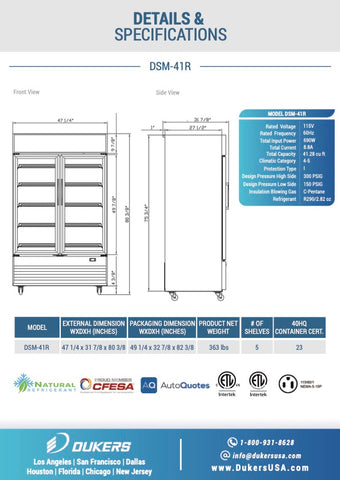 Dukers DSM-41R Commercial Glass Swing 2-Door Merchandiser Refrigerator