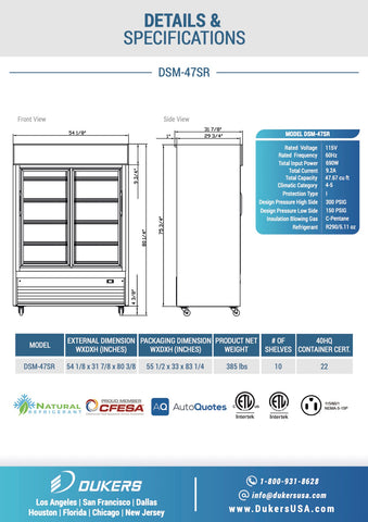 Dukers DSM-47SR Commercial Glass SLIDING 2-Door Merchandiser Refrigerator(Black)