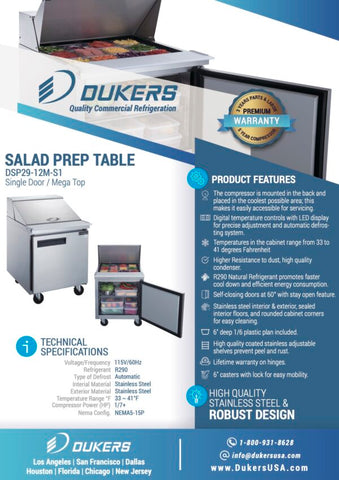 Dukers DSP29-12M-S1 1-Door Commercial Food Prep Table Refrigerator_Mega Top