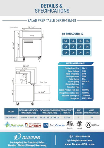 Dukers DSP29-12M-S1 1-Door Commercial Food Prep Table Refrigerator_Mega Top