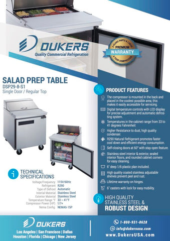 Dukers DSP29-8-S1 1-Door Commercial Food Prep Table Refrigerator in Stainless