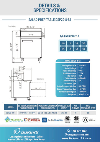 Dukers DSP29-8-S1 1-Door Commercial Food Prep Table Refrigerator in Stainless