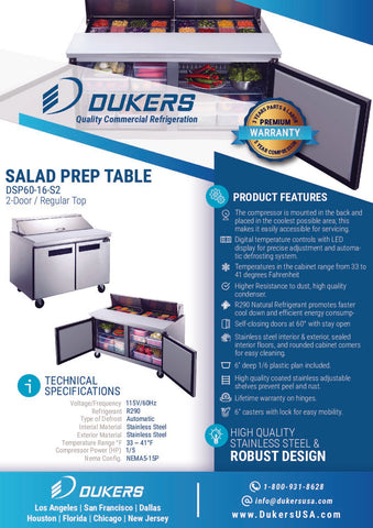 Dukers DSP60-16-S2 2-Door Commercial Food Prep Table Refrigerator