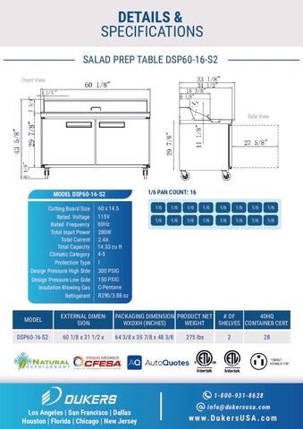 Dukers DSP60-16-S2 2-Door Commercial Food Prep Table Refrigerator