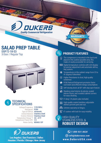 Dukers DSP72-18-S3 3-Door Commercial Food Prep Table Refrigerator