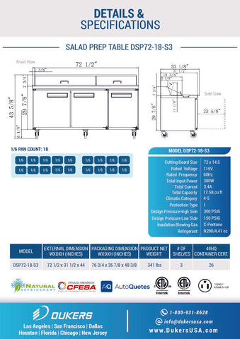 Dukers DSP72-18-S3 3-Door Commercial Food Prep Table Refrigerator