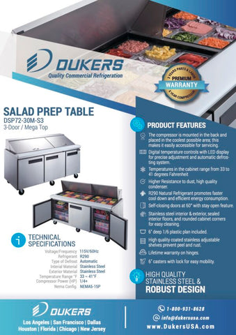 Dukers DSP72-30M-S3 3-Door Commercial Food Prep Table Refrigerator_Mega Top