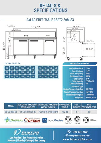 Dukers DSP72-30M-S3 3-Door Commercial Food Prep Table Refrigerator_Mega Top