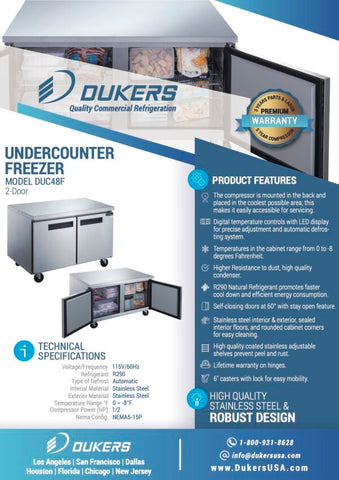 Dukers DUC48F 2-Door Undercounter Freezer in Stainless Steel