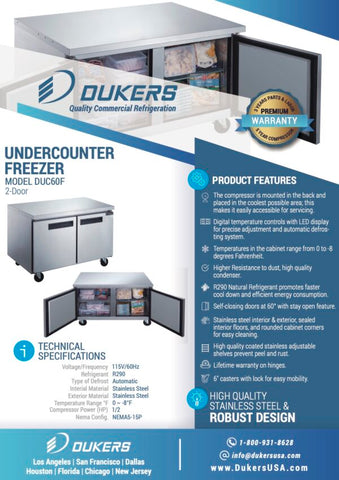 Dukers DUC60F 2-Door Undercounter Commercial Freezer in Stainless Steel