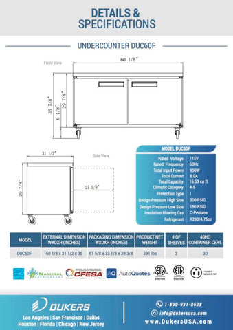 Dukers DUC60F 2-Door Undercounter Commercial Freezer in Stainless Steel