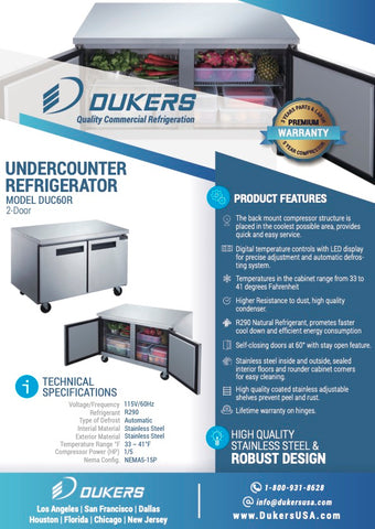Dukers DUC60R 2-Door Undercounter Commercial Refrigerator in Stainless Steel
