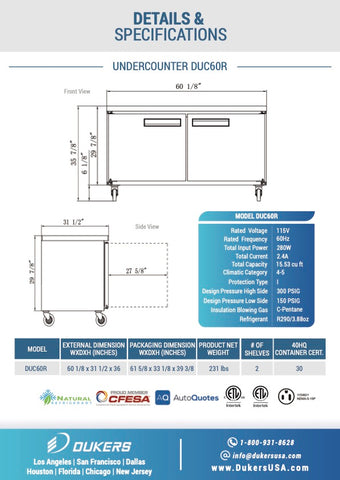 Dukers DUC60R 2-Door Undercounter Commercial Refrigerator in Stainless Steel