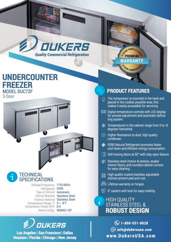 Dukers DUC72F 3-Door Undercounter Commercial Freezer in Stainless Steel