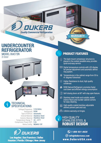 Dukers DUC72R 3-Door Undercounter Commercial Refrigerator in Stainless Steel
