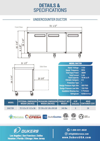 Dukers DUC72R 3-Door Undercounter Commercial Refrigerator in Stainless Steel