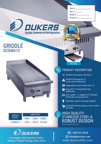 Dukers DCGMA12 12 in. W Griddle with 1 Burner