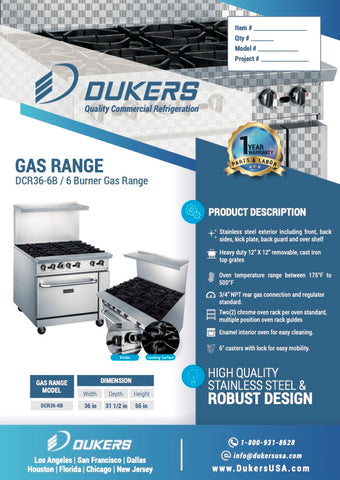 Dukers DCR36-6B 36″ Gas Range with Six (6) Open Burners