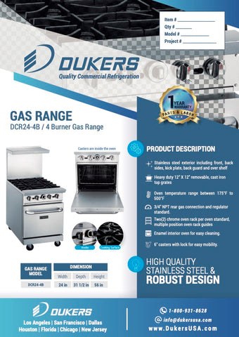 Dukers DCR24-4B 24″ Gas Range with Four (4) Open Burners