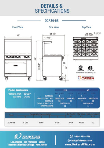 Dukers DCR36-6B 36″ Gas Range with Six (6) Open Burners