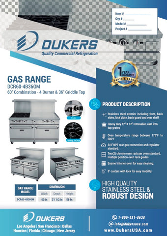 Dukers DCR60-4B36GM 60″ Gas Range with Four (4) Open Burners & 36″ Griddle