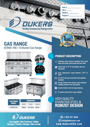 Dukers DCR60-10B 60″ Gas Range with Ten (10) Open Burners