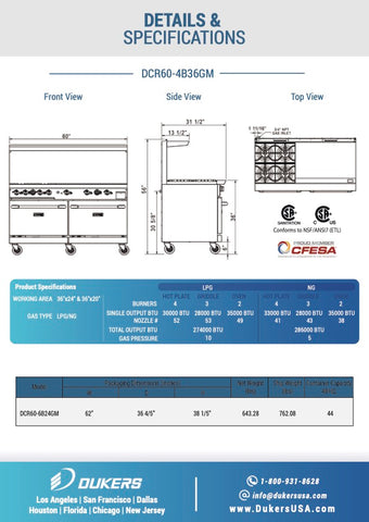 Dukers DCR60-4B36GM 60″ Gas Range with Four (4) Open Burners & 36″ Griddle