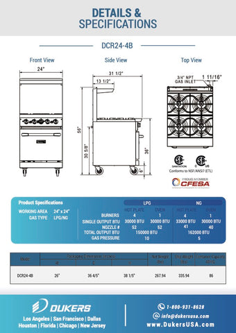 Dukers DCR24-4B 24″ Gas Range with Four (4) Open Burners