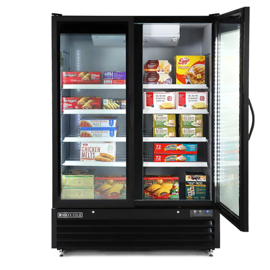 Maxx Cold MXGDM-50FBHC Double Glass Door Merchandiser Freezer, Large Storage Capacity, 50 cu. ft., in Black