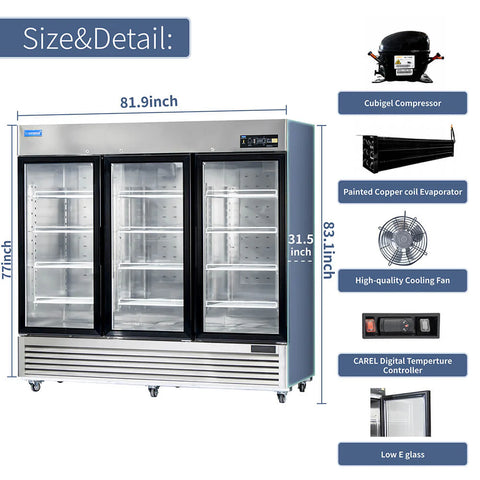 ICECASA 82 Inch 3 Door Commercial Display Refrigerator, 3 Glass Door Commercial Reach-in Merchandiser Refrigerator