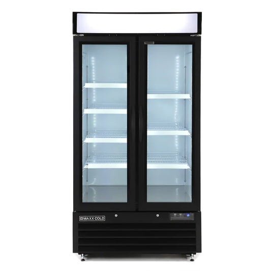 Maxx Cold MXM2-36FBHC Double Glass Door Narrow Width Merchandiser Freezer, Swing Style Door, 36 cu. ft., Black