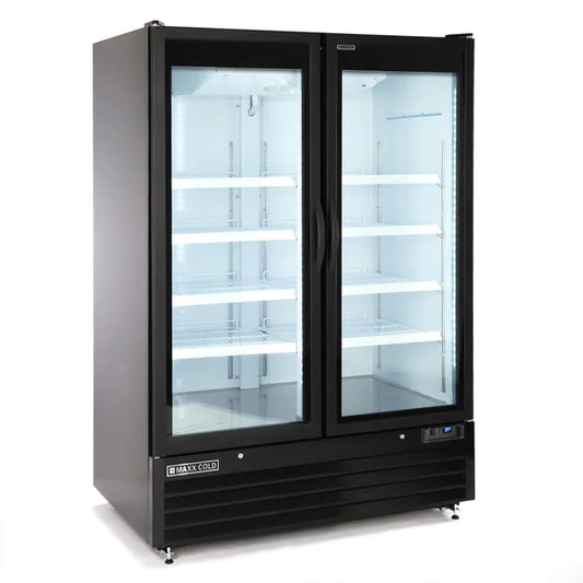 Maxx Cold MXGDM-50FBHC Double Glass Door Merchandiser Freezer, Large Storage Capacity, 50 cu. ft., in Black