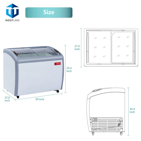 WESTLAKE 9.3 Cu.Ft Commercial Ice Cream Display Freezer Glass Top ETL 39"W
