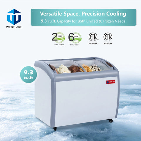 WESTLAKE 9.3 Cu.Ft Commercial Ice Cream Display Freezer Glass Top ETL 39"W