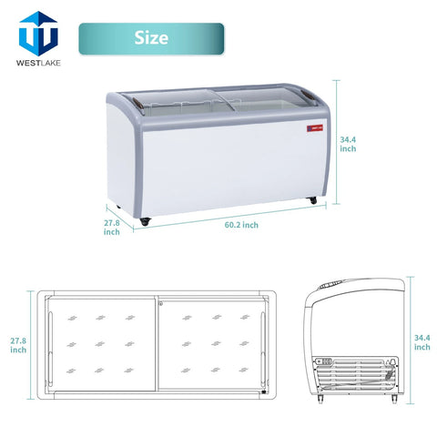 WESTLAKE 16 Cu.Ft Commercial Ice Cream Display Freezer Glass Top ETL 60"W