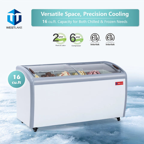 WESTLAKE 16 Cu.Ft Commercial Ice Cream Display Freezer Glass Top ETL 60"W