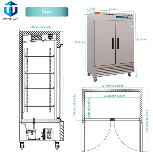 WESTLAKE WKF-49B Commercial Freezer 54"W 2 Door 2 Section Stainless Steel Reach-in Solid Door Upright Fan Cooling 49 Cu.ft Freezer for Restaurant, Bar, Shop, etc