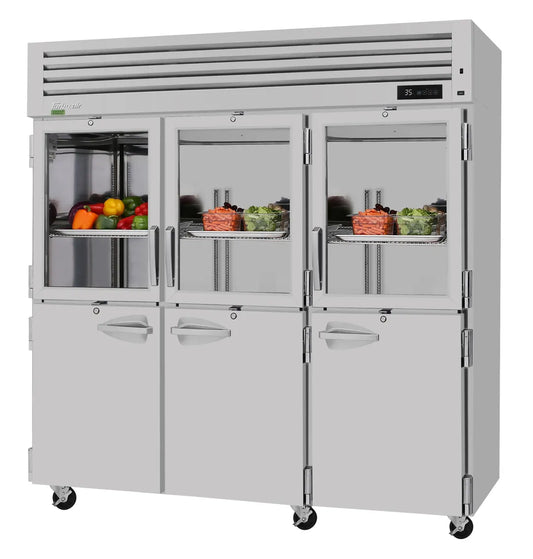 Turbo Air PRO-77R-GSH-N Three Section Reach-In Refrigerator w/ 3 Glass & 3 Solid Half Doors, Top Mount, 75 cu. ft.