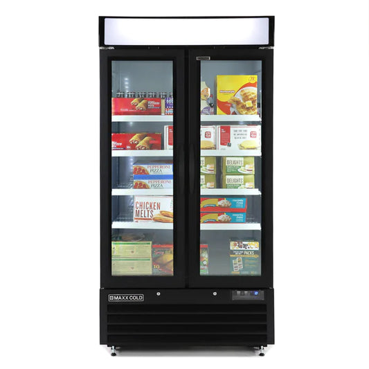 Maxx Cold MXM2-36FBHC Double Glass Door Narrow Width Merchandiser Freezer, Swing Style Door, 36 cu. ft., Black