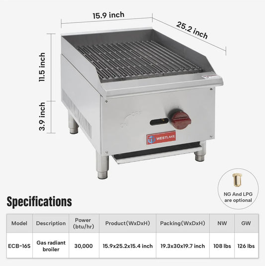ECB-16S Commercial Charbroiler, WESTLAKE 16" Gas Countertop Radiant Charbroiler 1 Burner Char Broiler - 30,000 BTU