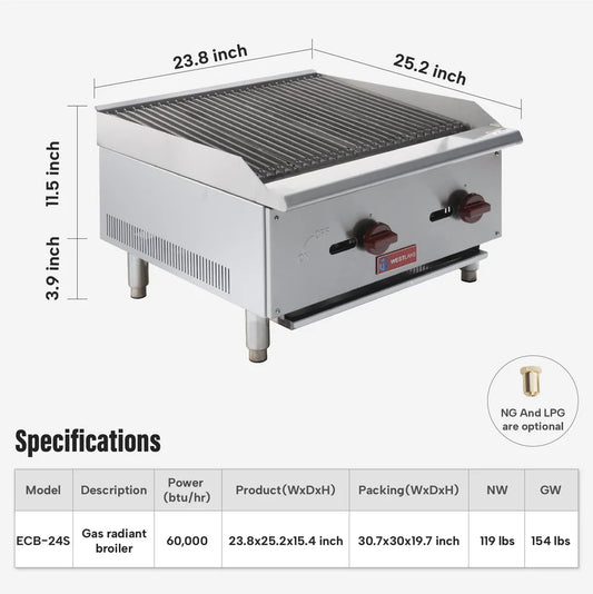 Commercial Charbroiler, WESTLAKE ECB-24S 24" Gas Countertop Radiant Charbroiler 2 Burner Char Broiler- 60,000 BTU