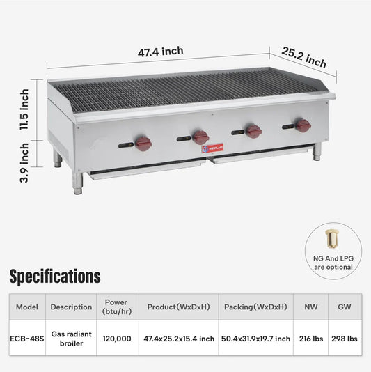 Commercial Charbroiler, WESTLAKE ECB-48S 48" Gas Countertop Radiant Charbroiler 4 Burner Char Broiler - 120,000 BTU