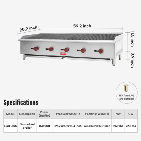 Commercial Charbroiler, WESTLAKE ECB-60S 60" Gas Countertop Radiant Charbroiler 5 Burner Char Broiler - 150,000 BTU