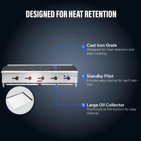 Commercial Charbroiler, WESTLAKE ECB-60S 60" Gas Countertop Radiant Charbroiler 5 Burner Char Broiler - 150,000 BTU
