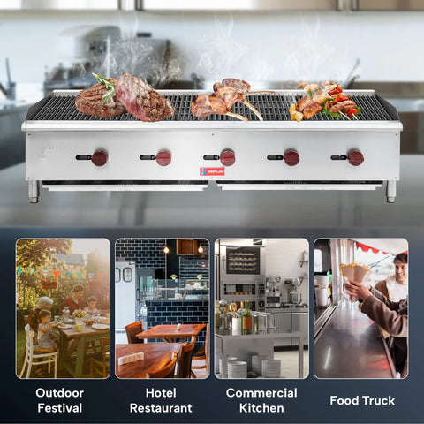 Commercial Charbroiler, WESTLAKE ECB-60S 60" Gas Countertop Radiant Charbroiler 5 Burner Char Broiler - 150,000 BTU