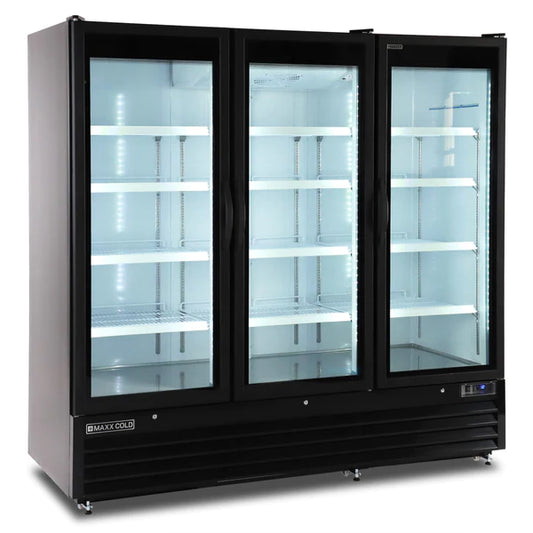 Maxx Cold MXGDM-73FBHC Triple Glass Door Merchandiser Freezer, Large Storage Capacity, 73 cu. ft., in Black