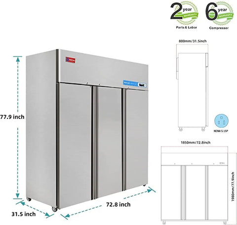 Aceland AF-72B 3 door NON-ETL 72" Stainless Steel Reach in Upright Freezer 54 Cu. Ft.